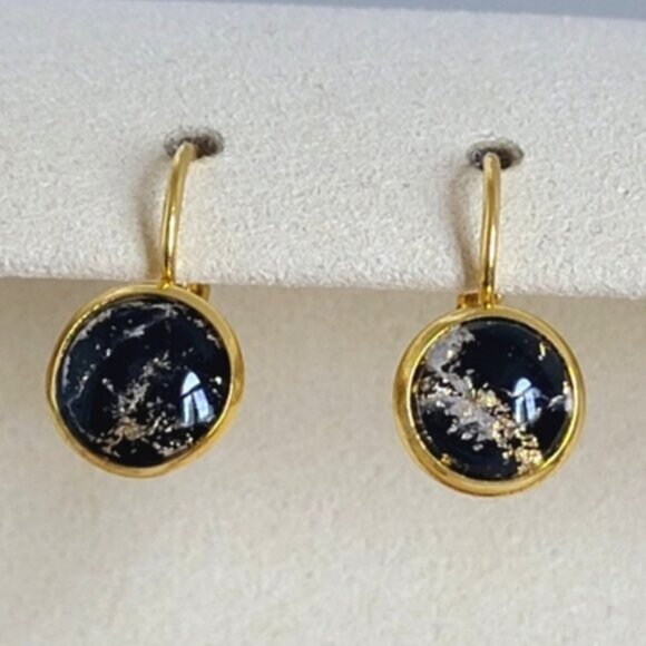 Elegant Hand Crafted Boho Black Gold Gemstone Marble Circle Drop Dangle Earrings - Picture 1 of 15